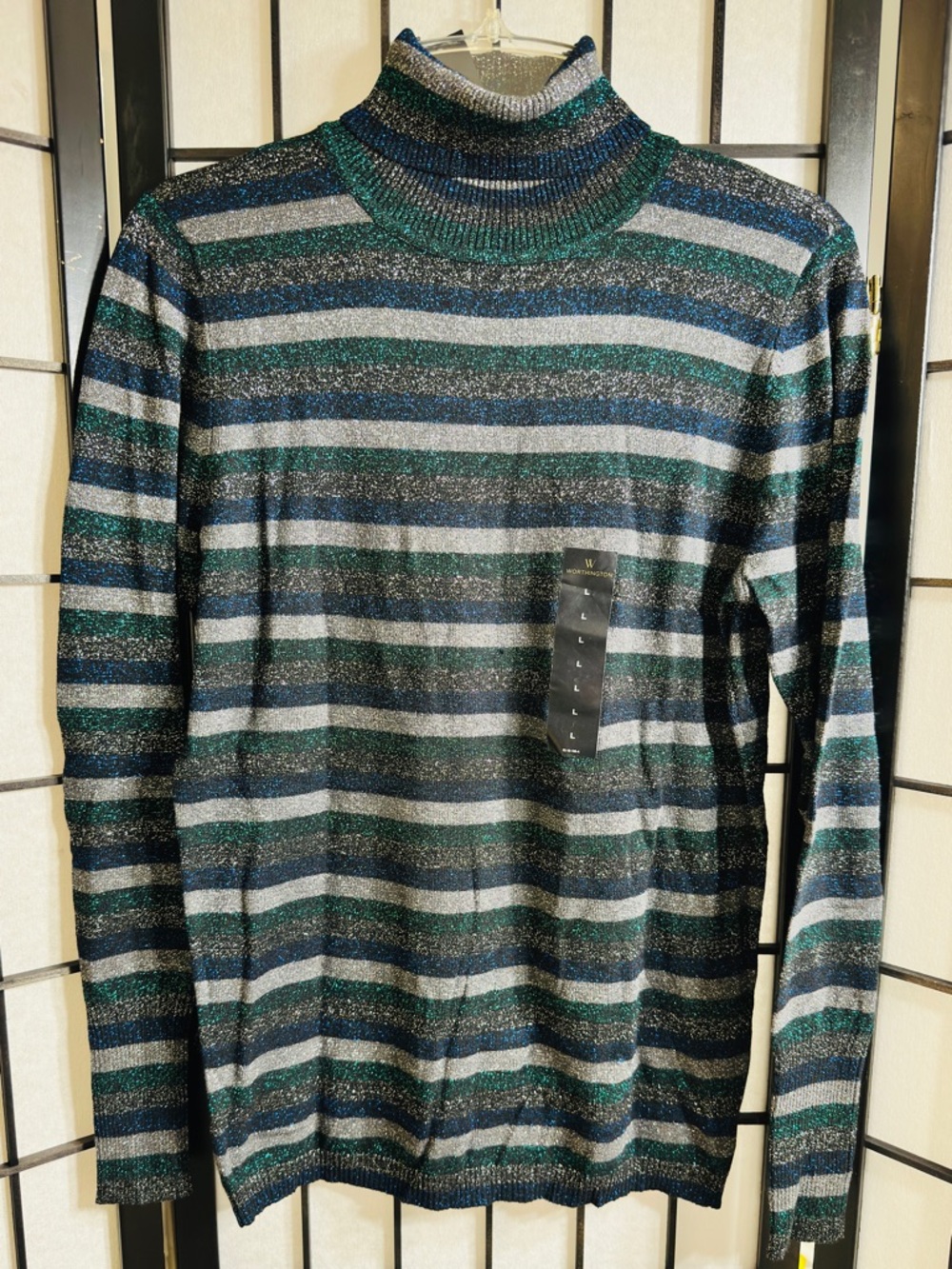 New Women's Worthington Turtleneck Sweater Striped Metallic Black Blue SZ Large